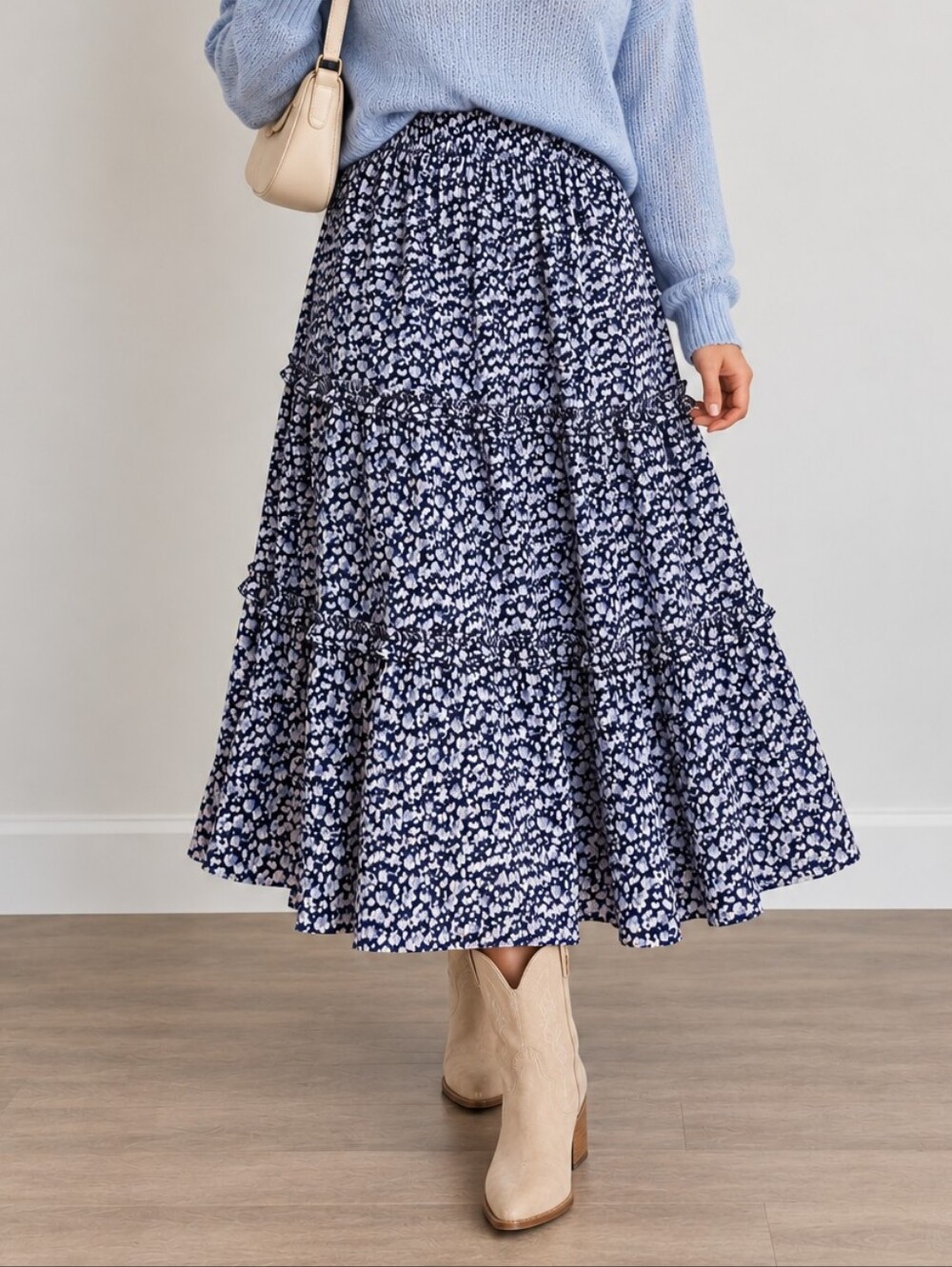 1. State Navy and White Floral Tiered Maxi Skirt
